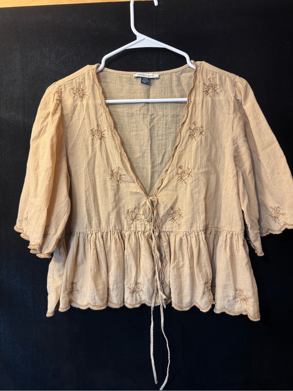 American Eagle Womens Large Embroidered Peplum Top Tie Front Boho Cotton